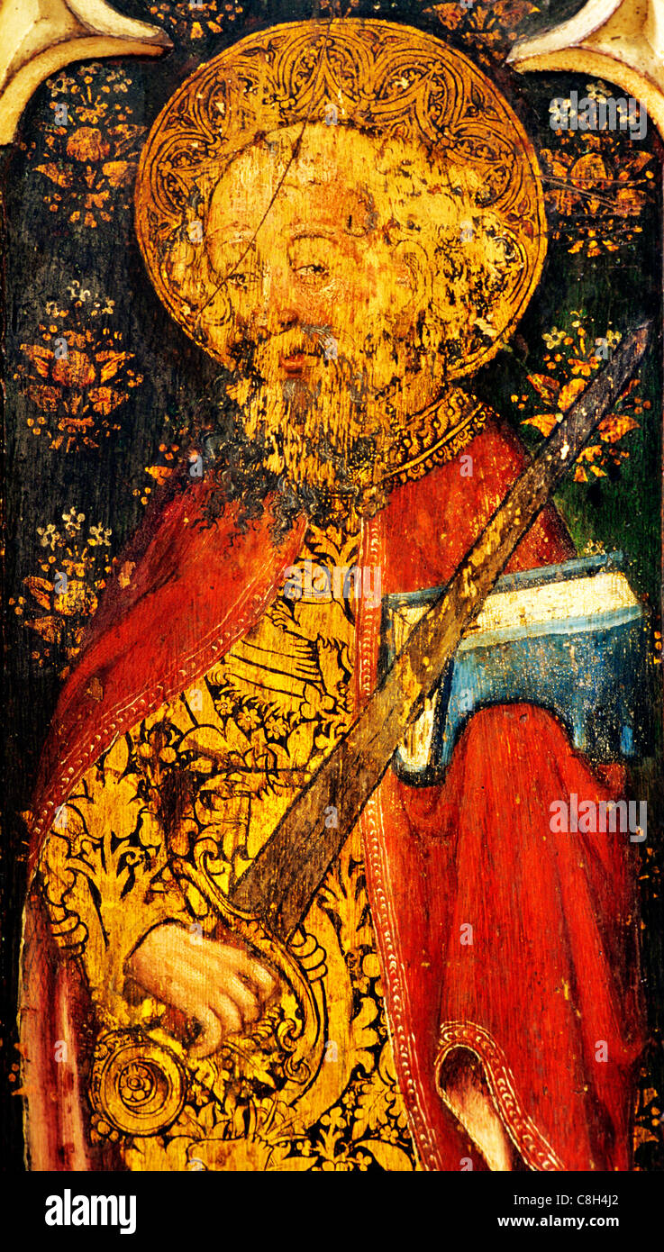 Ranworth, Norfolk, Lettner, Str. Paul, mit einem Schwert, männlichen Heiligen Heiligen englischen mittelalterlichen Detailbilder Malerei Malerei Stockfoto