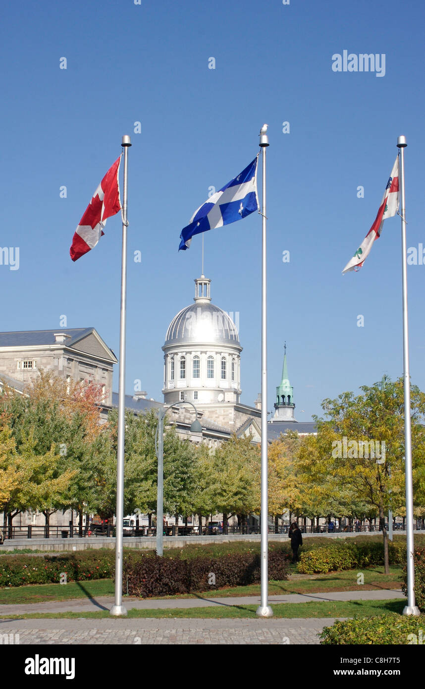 Fahnen für Kanada, fliegen die Provinz Quebec und die Stadt Montreal vor Bonsecours Market dome Stockfoto