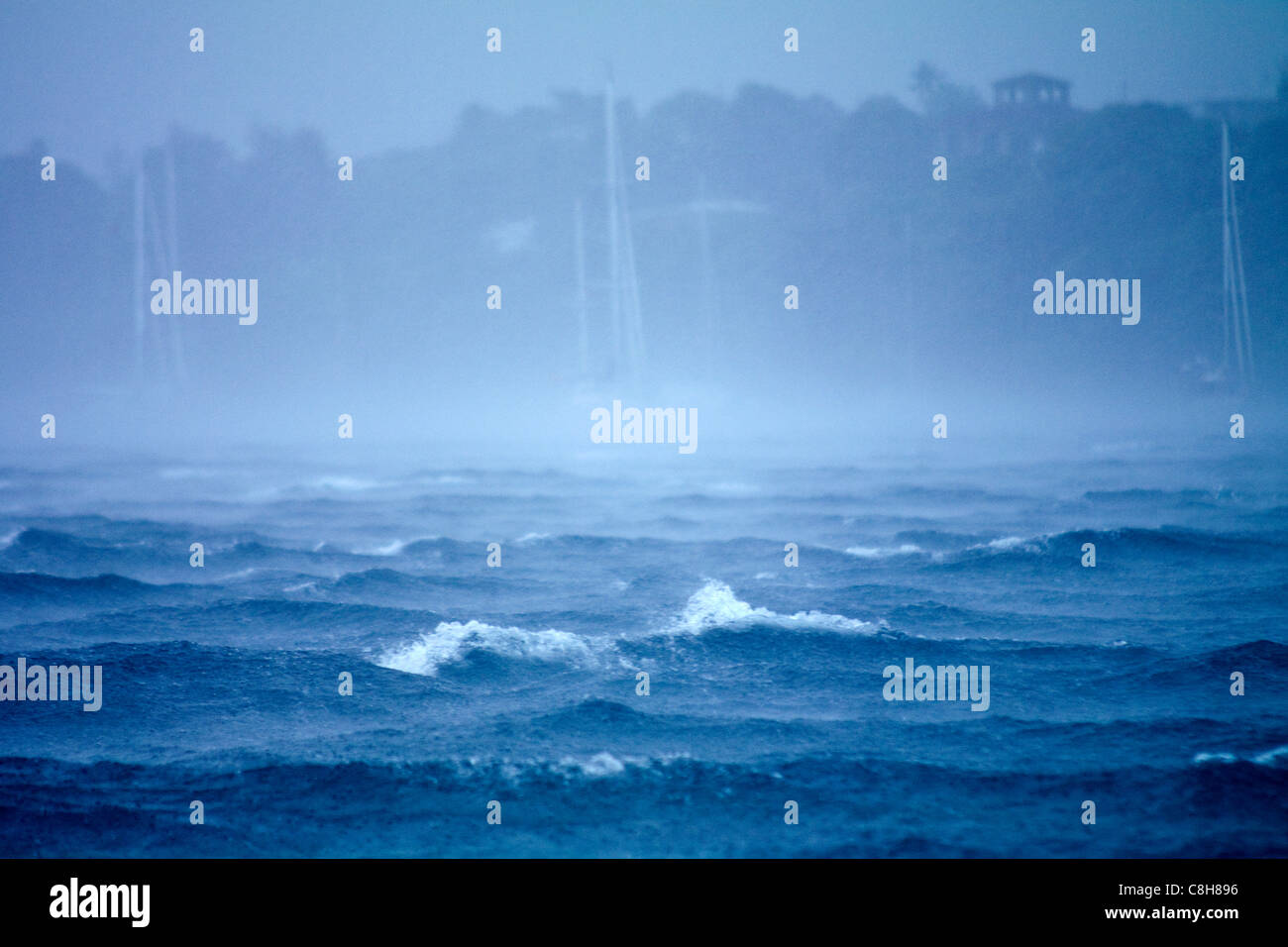 Ein tropischer Sturm verschlingt Ozean Yachten mit Gale Force Wind und Regen. Stockfoto