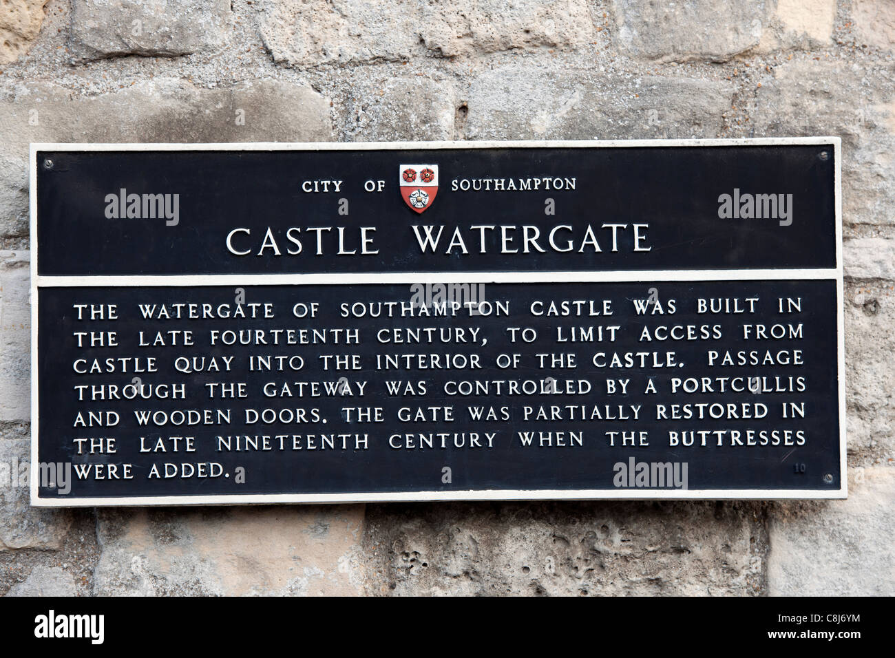 Informationstafel, Schloss Watergate, Southampton, Hampshire, England, UK. Stockfoto