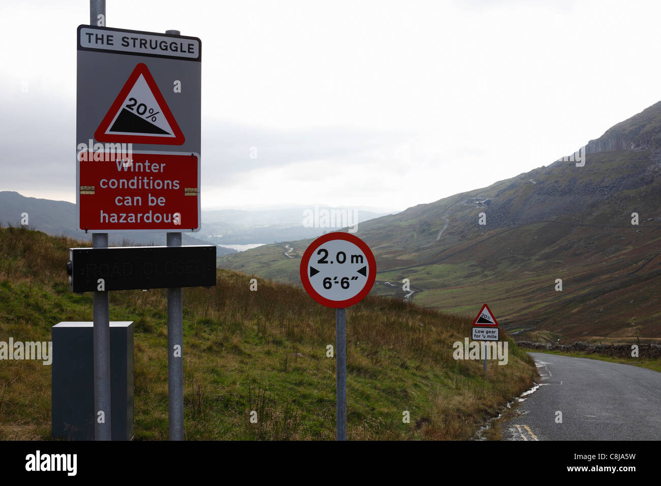 "Kirkstone Pass", [Verkehrszeichen] auf steilen Hügel, "Lake District", Cumbria, England, UK Stockfoto