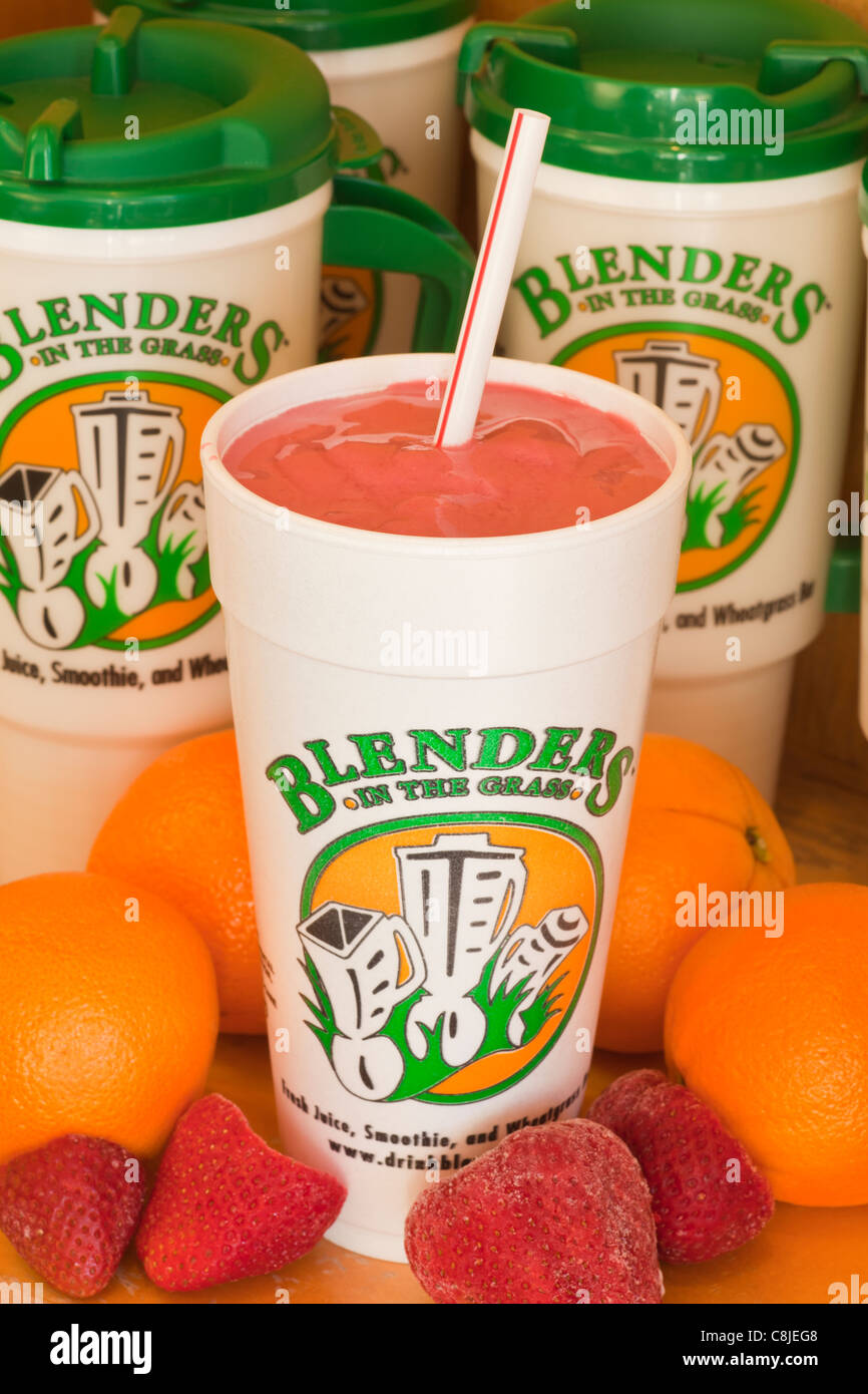 Orange und Erdbeere Smoothy, Mixer In The Grass, Santa Barbara, Kalifornien Stockfoto