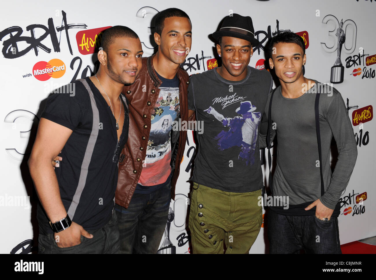 JLS besuchen den Brit Awards 2010 Nominierungen bei den 02, London, 16. Januar 2010. Stockfoto