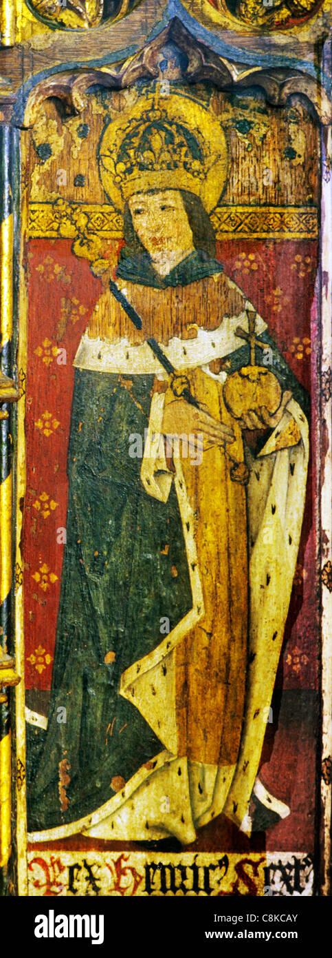 Ludham, Norfolk, Lettner, König Henry 6. mit Reichsapfel und Zepter männlichen Heiligen Heiligen englischen mittelalterlichen Bildschirme Malerei Gemälde Stockfoto