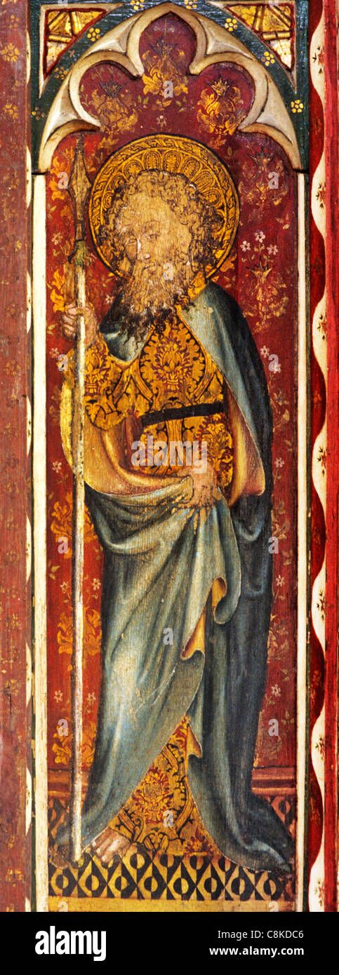 Ranworth, Norfolk, Lettner, St. Thomas mit Speer männlichen Heiligen Heiligen englischen mittelalterlichen Bildschirme Malerei Gemälde gemalt Stockfoto