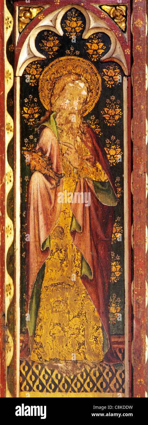 Ranworth, Norfolk, Lettner, St. Simon mit Fisch männlichen Heiligen Heiligen englischen mittelalterlichen Bildschirme Malerei Gemälde gemalt panel Stockfoto