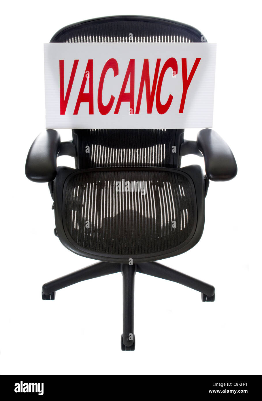 Ergonomischer Bürostuhl mit Leerstand Zeichen. Ideal für Probleme mit Arbeitslosigkeit oder Einstellung. Verwenden Sie Ihren eigenen Text! Stockfoto