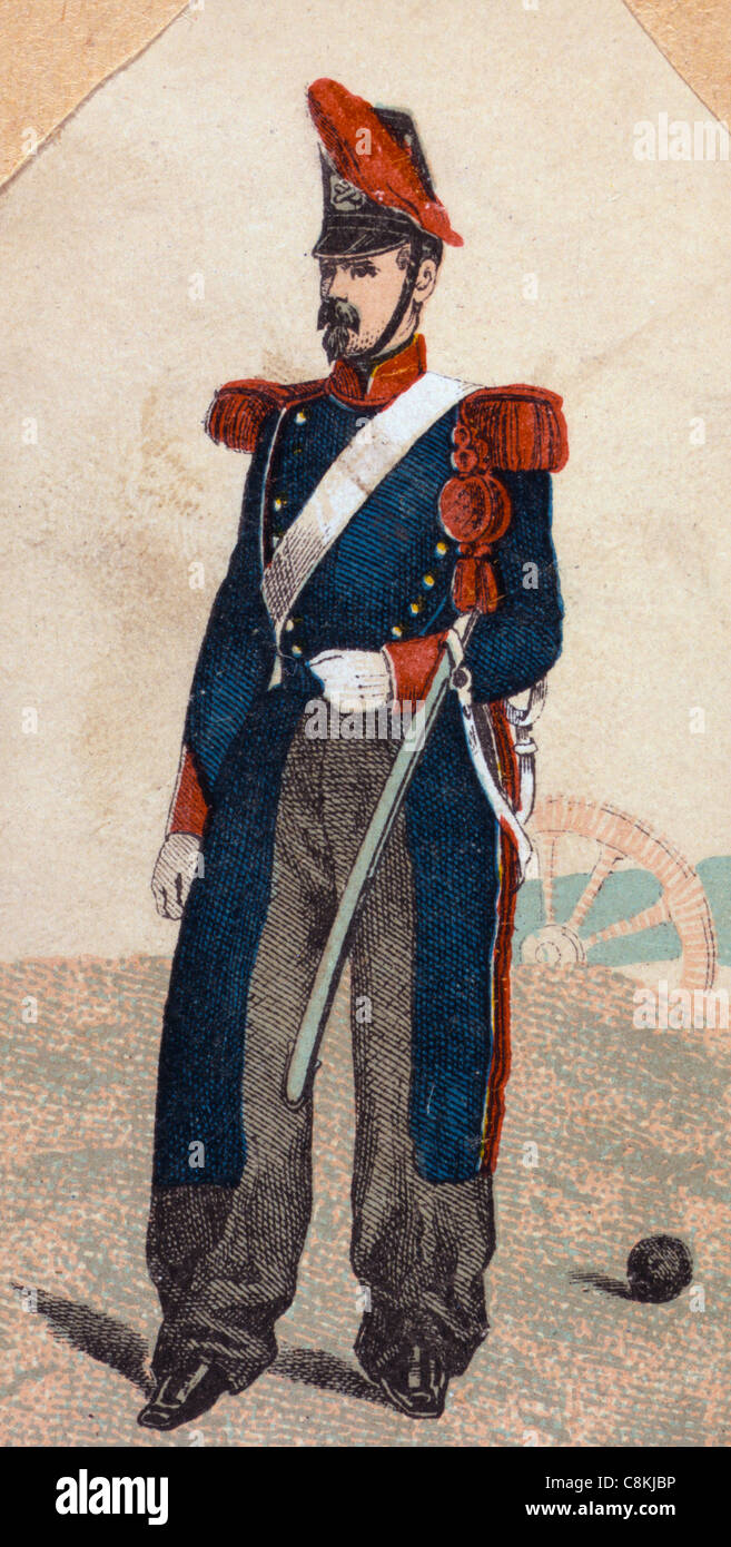 Französische reitende Artillerie Soldat, 1853' Uniform tragen und Schwert hält Stockfoto