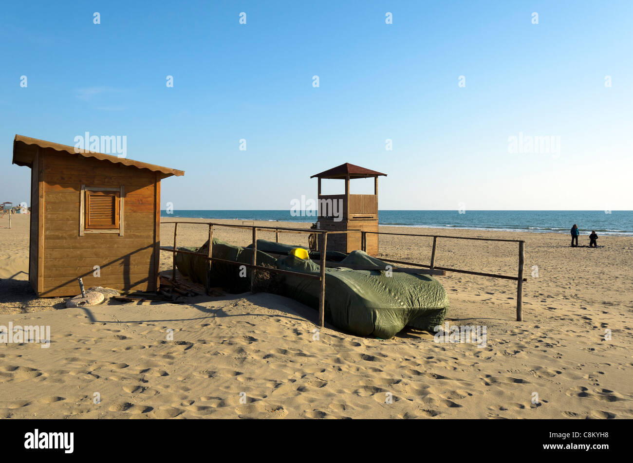 Strandkabine am Tyrrhenischen Meer - Ostia Lido, Rom Stockfoto