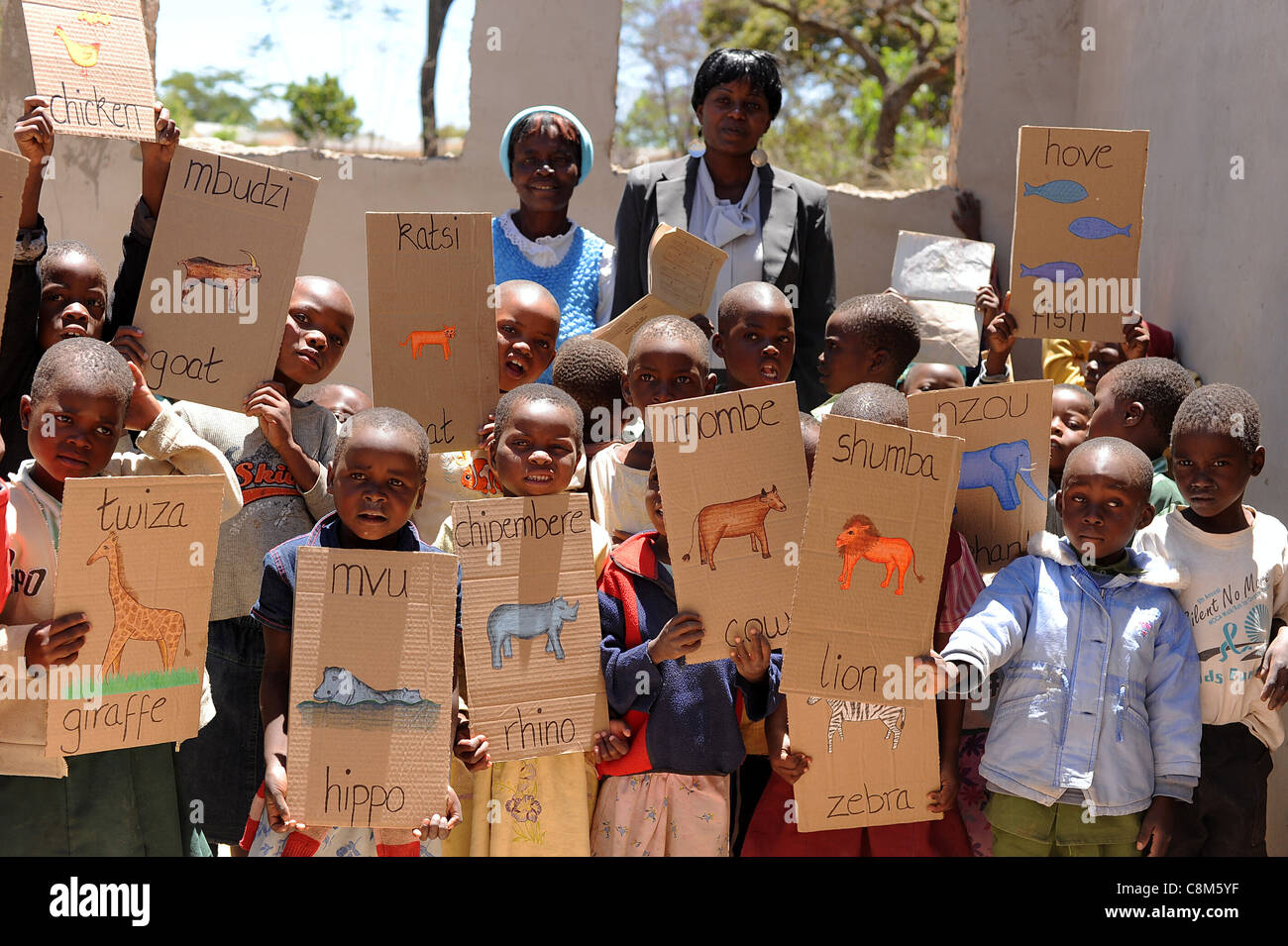 Simbabwes Kinder lernen englische Wörter für die verschiedenen Tiere. Stockfoto