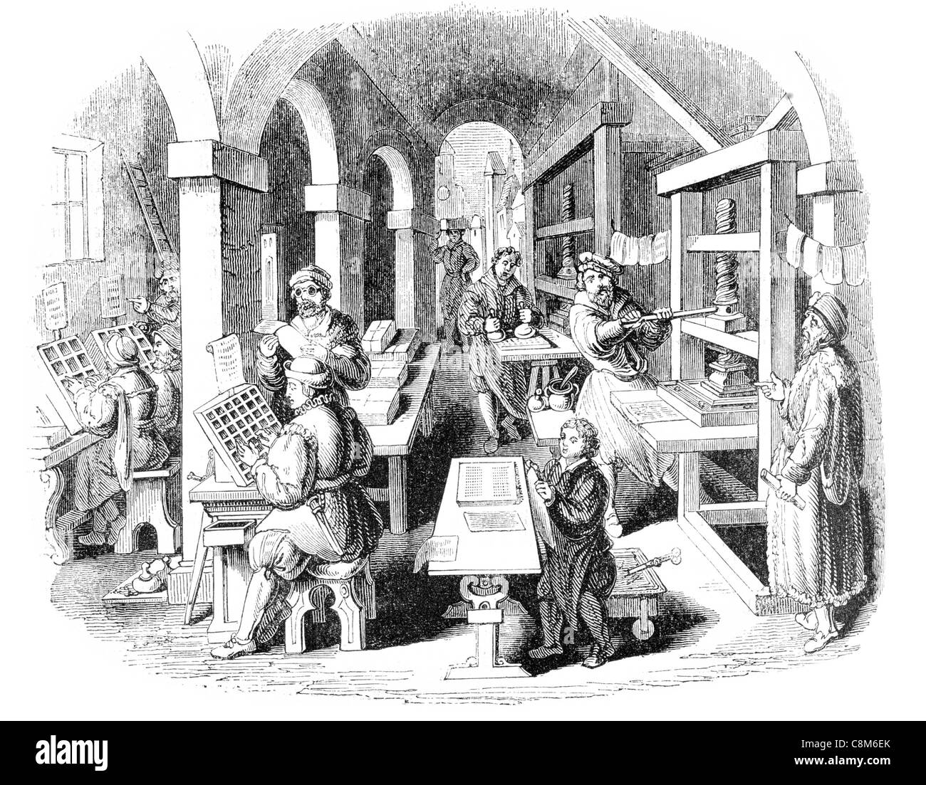 Antike niederländische Büro drucken Maschine Presse Tinte Tinte print Medium Papier Hand Schimmel Buchdruck Buch Bücher Lesestoff Stockfoto