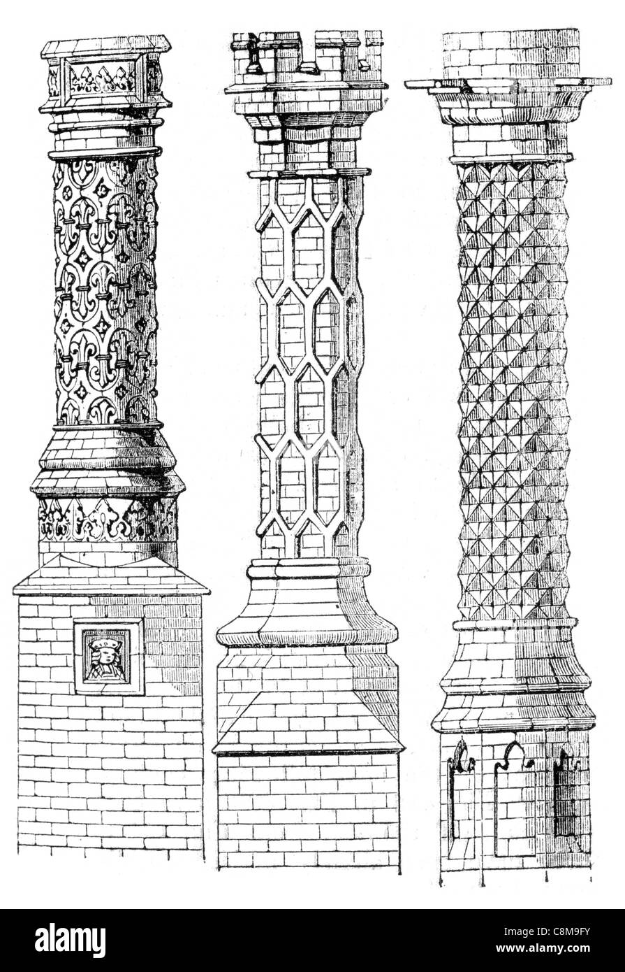 Verzierte Ziegel Schornsteine aus dem 16. Jahrhundert Rauch Herd Ofen Kamin Schornstein Stockfoto