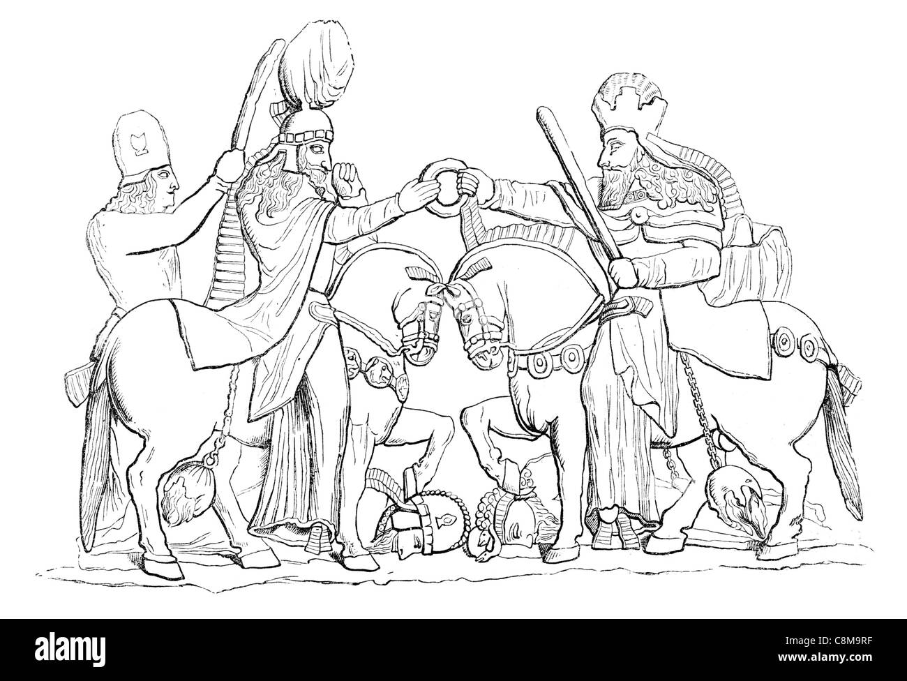 Persische Bas Reliefs in Persepolis Kavallerie Pferd Sattel Schwert Soldat Krieger Wettbewerb Stockfoto