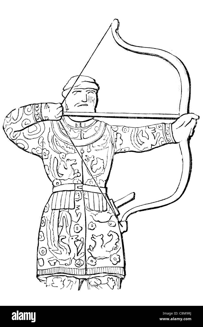 Persische Bogenschützen Bogen Pfeil Krieger Soldat Schwert Armee militärische Persepolis Zeremoniell Achaemenid Reich Shiraz Iran Takht-e Jamshid Stockfoto