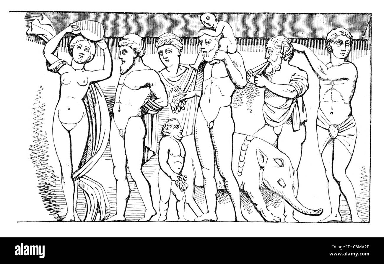 Bacchantischen Choral Prozession Bacchanale wild Mystiker Festival griechisch-römischen Gott Bacchus betrunken betrunkene Alkohol Bier Wein Stockfoto
