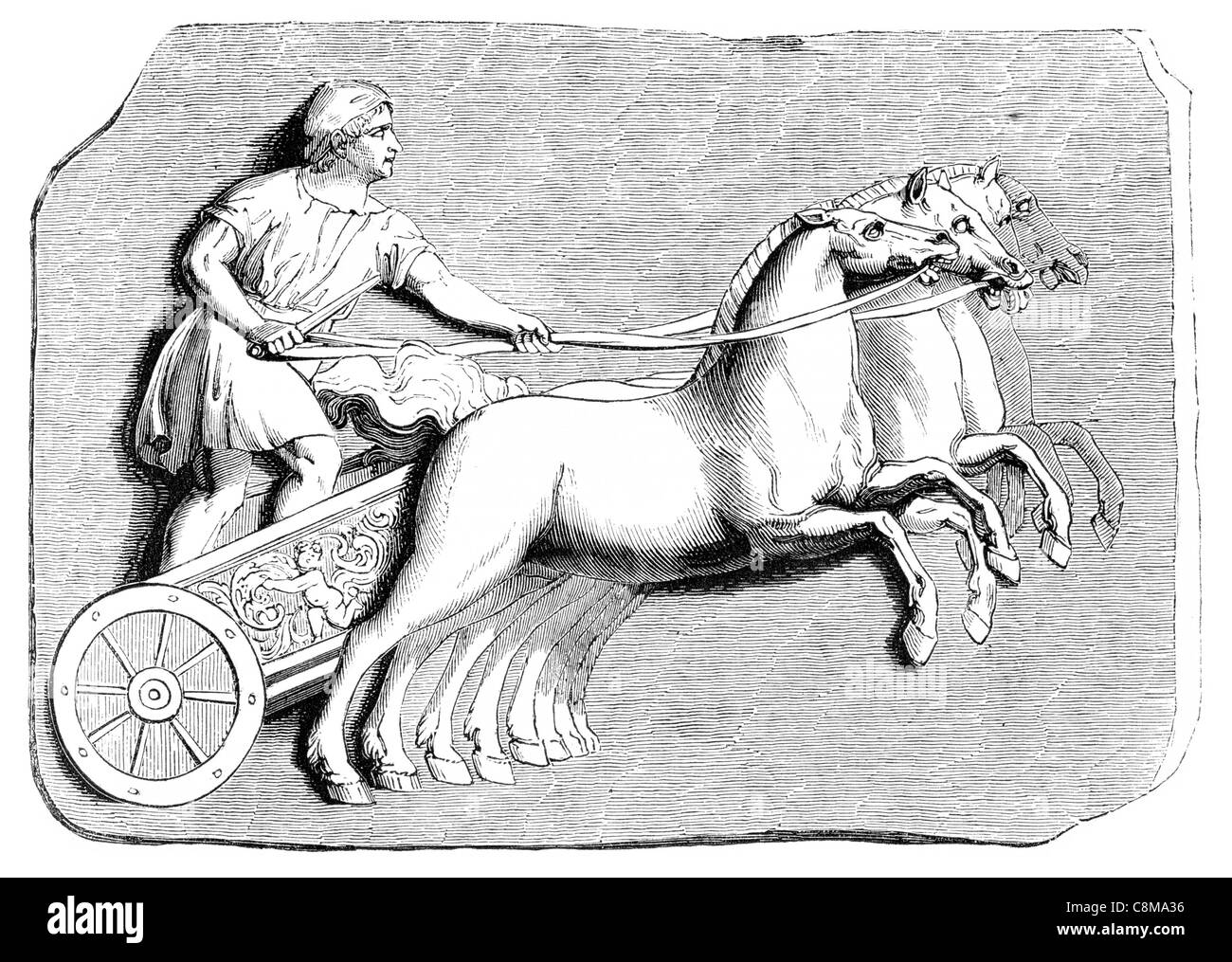 Römischen Flachrelief einer Wagenlenker Chariot Krieger Krieg Pferd Wagen alte Soldat Armee Peitsche Fahrer Fahrt Stockfoto