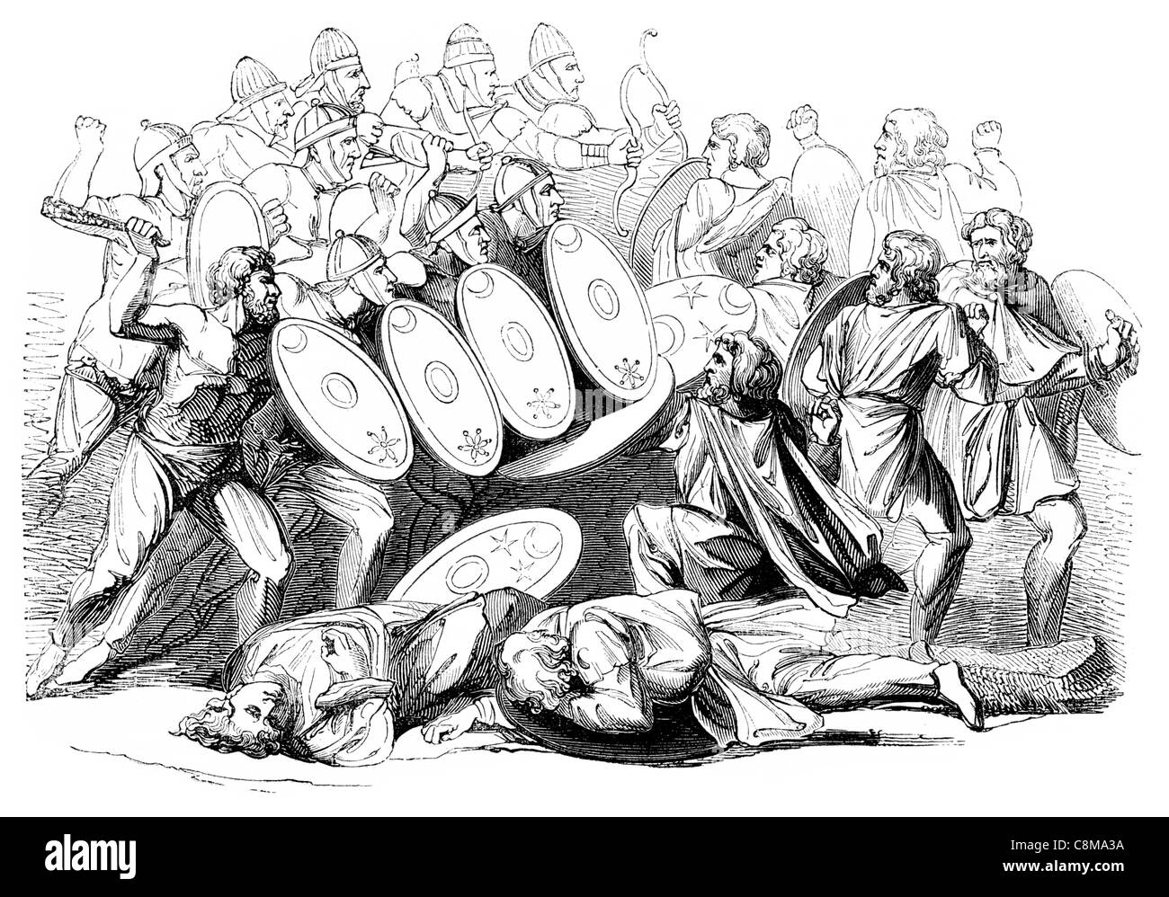 Trajanssäule in Rom Krieg Konflikt Schlacht kämpfen Kriegsführung gegen Scharmützel Nahkampf Fray Tod töten töten Opfer Mord Stich Stockfoto