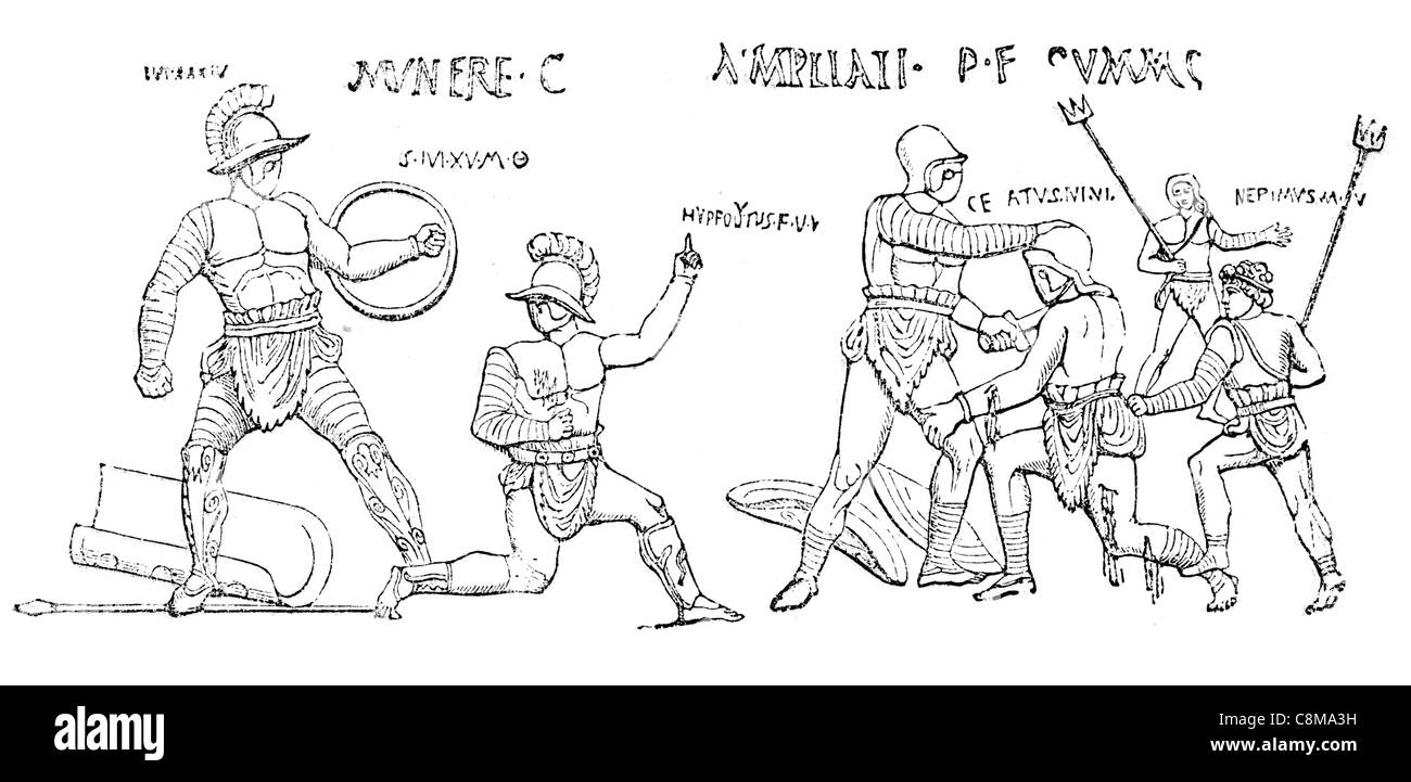 Faust-Gladiatoren-Gladiator Krieger Pompeji Kämpfer Kampf Rüstung Waffen Waffe Schild Schwert Dolch Speer Lanze Stockfoto
