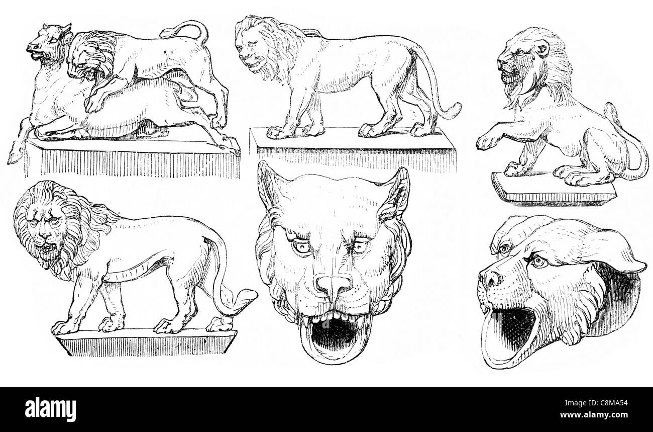 Statuen der Löwen Gosse Wasserspeier Giebel Abfluss Statue Handwerk Skulptur Metall Gußlegierung Kupfer Zinn Bronzezeit hohe Kunst Stockfoto