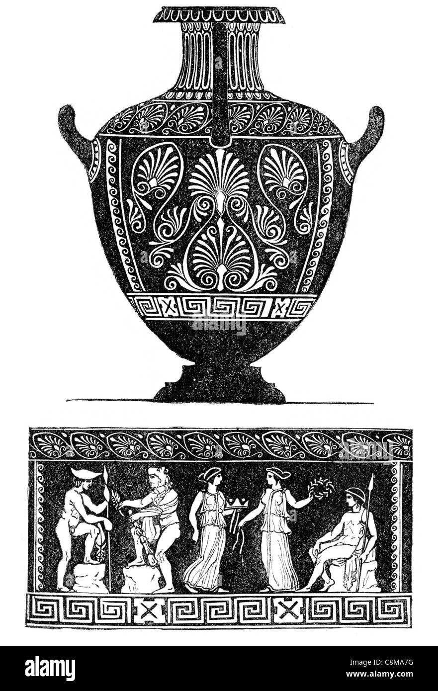 Pompeji Vase Miniatur Glas Luxus Radierung Carving alte römische Kunst Keramik Schiff Krieger römischer Soldat Kampf Speer Streitaxt Stockfoto