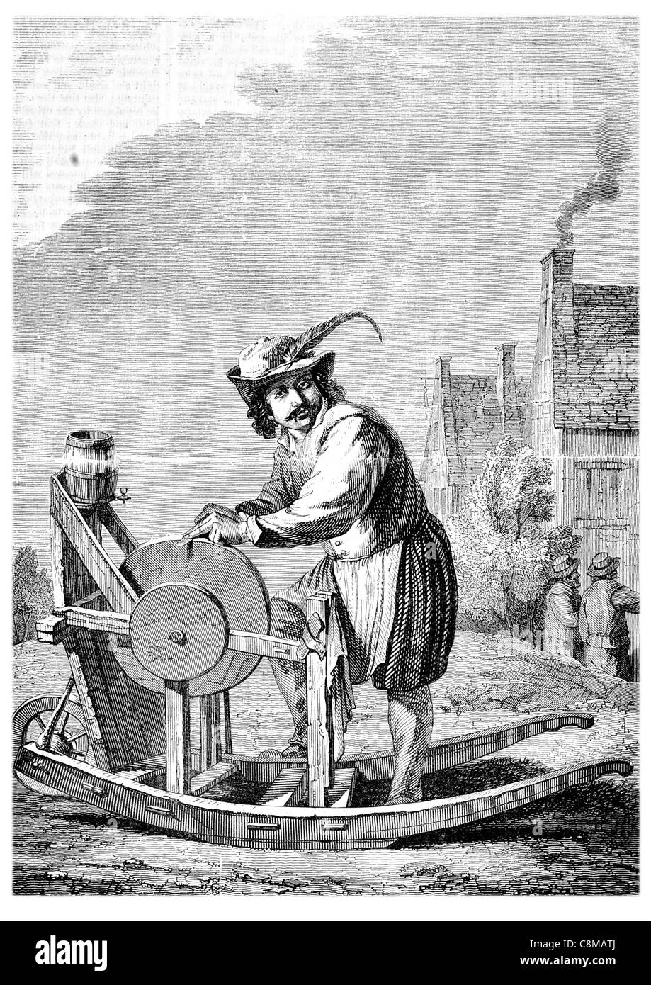 David Teniers der jüngere Messer Schleifmaschine Schleifen Schleifen schärfen Messer Kostüm Werkzeug Maschine Erfinder Drehmaschine Stockfoto