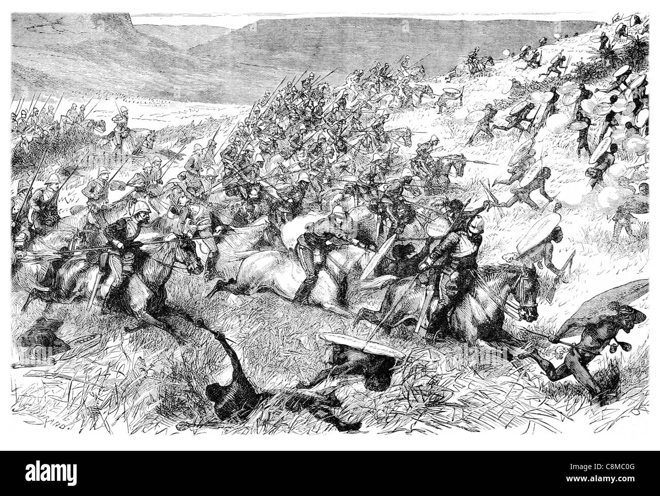 Ladung des 17. 17. Lancers bei Ulundi Duke of Cambridge Own Kavallerie-regiment Lance Lanze Schwert Schild Native Stockfoto