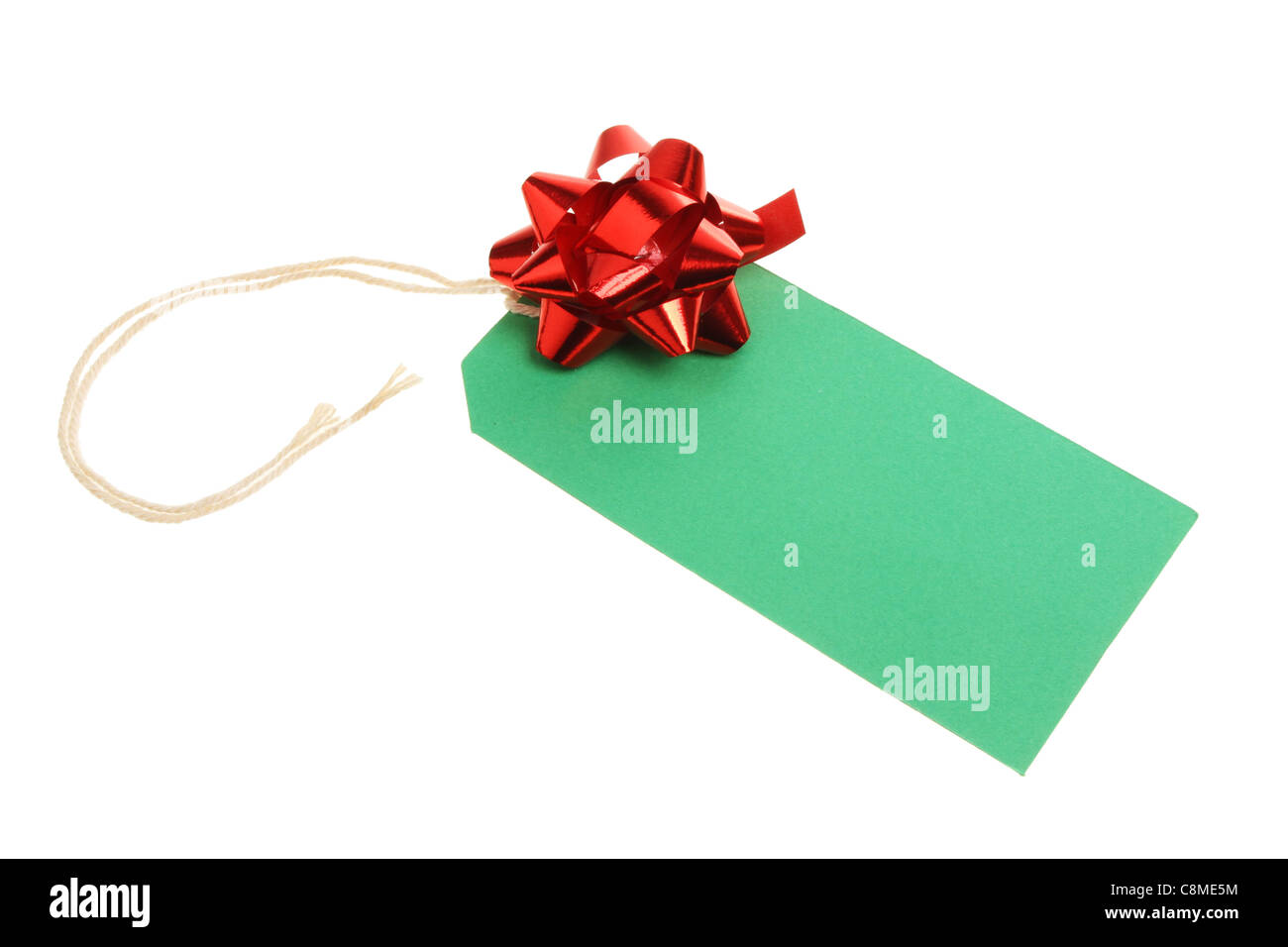 Leere grüne Weihnachten Geschenkanhänger mit einer roten Folie Bogen Stockfoto