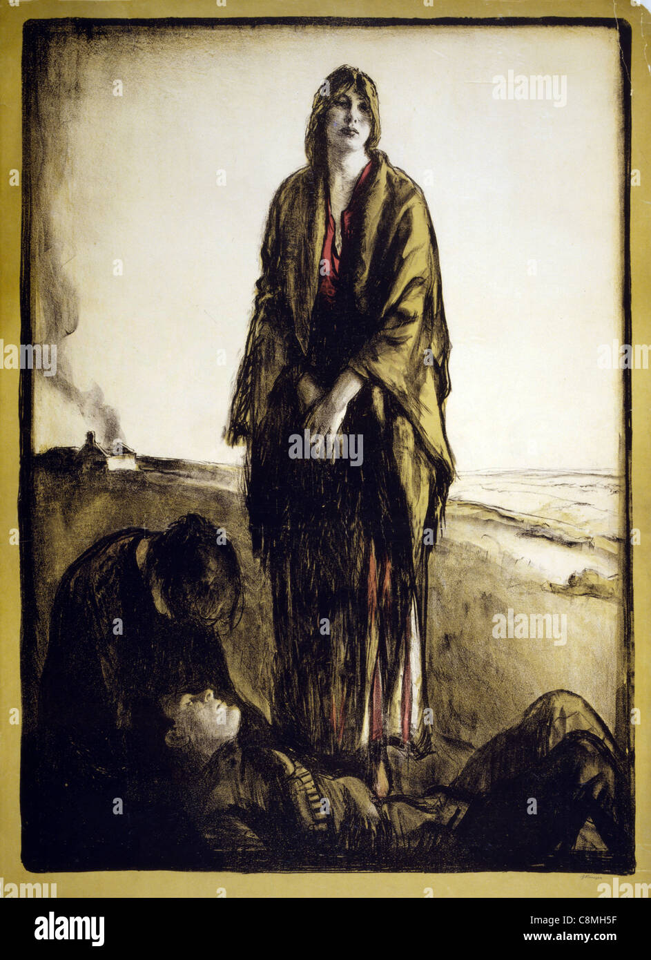 Eine Frau steht trostlos, als eine andere beugt sich über einen toten Soldaten; ein Haus brennt in den Hintergrund, Krieg poster Stockfoto