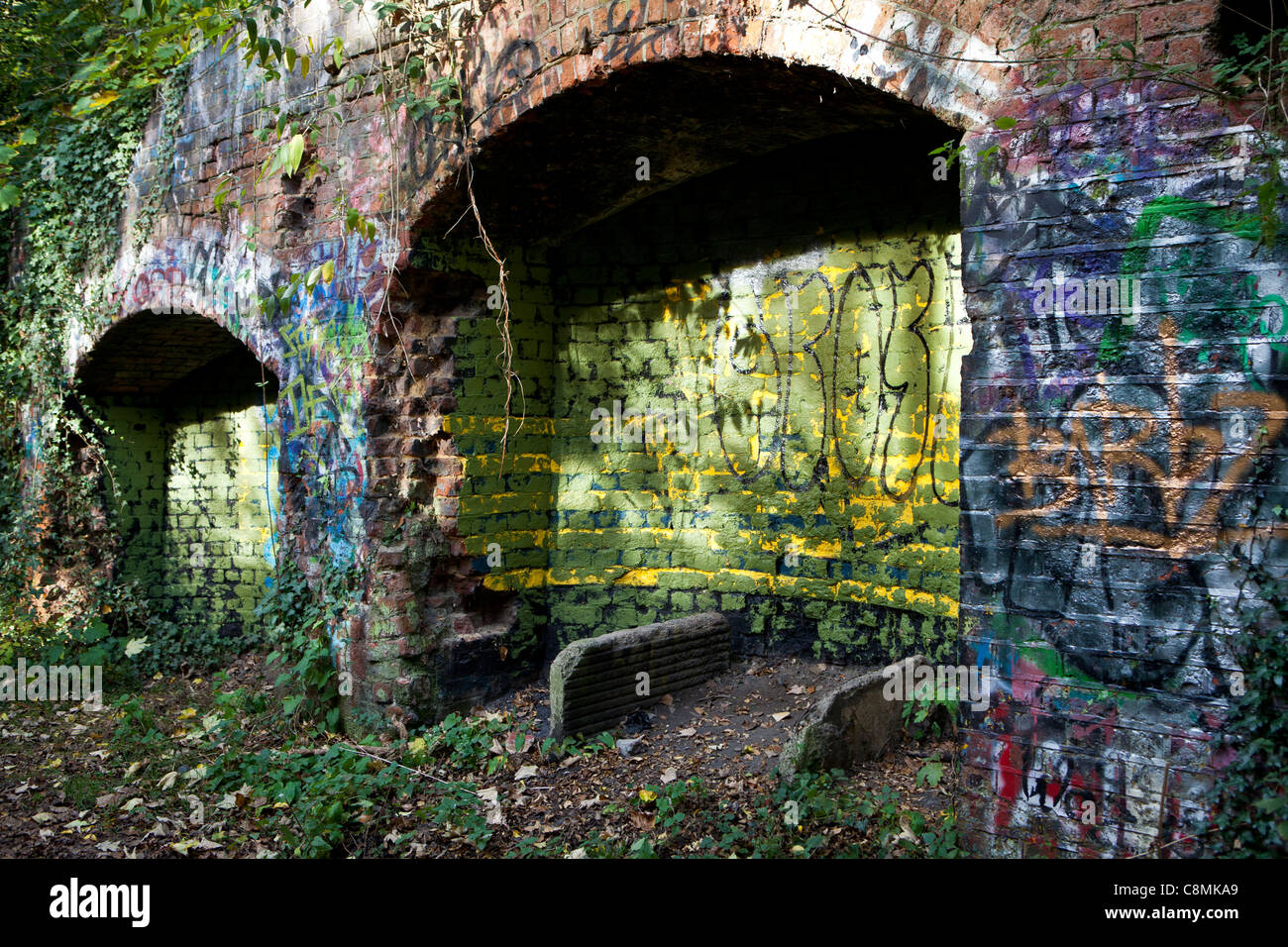 Graffiti bedeckt stillgelegten Eisenbahnbrücke. Stockfoto