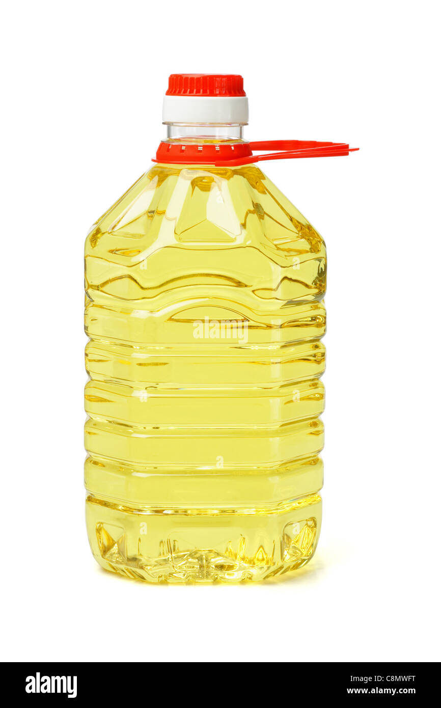 Kunststoff-Flasche Speiseöl mit Griff auf weißem Hintergrund Stockfoto