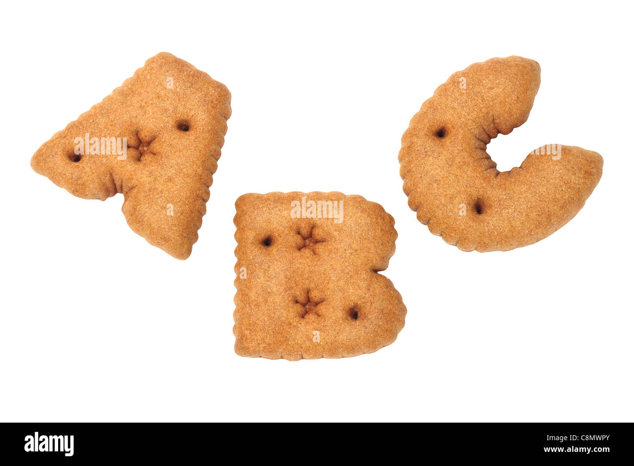 ABC Alphabet Schokolade Cookies auf weißem Hintergrund Stockfoto