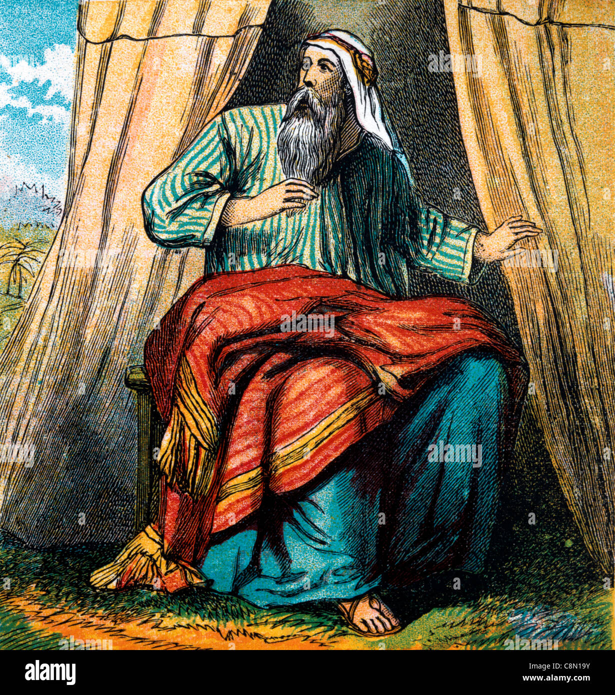 Bibel Geschichten - Illustration von Abraham sitzen bei The Eingang seine Zelt In The Plains von Mamre wenn er ist innen durch drei Männer im Vorhandensein der Gott Genesis xviii Stockfoto