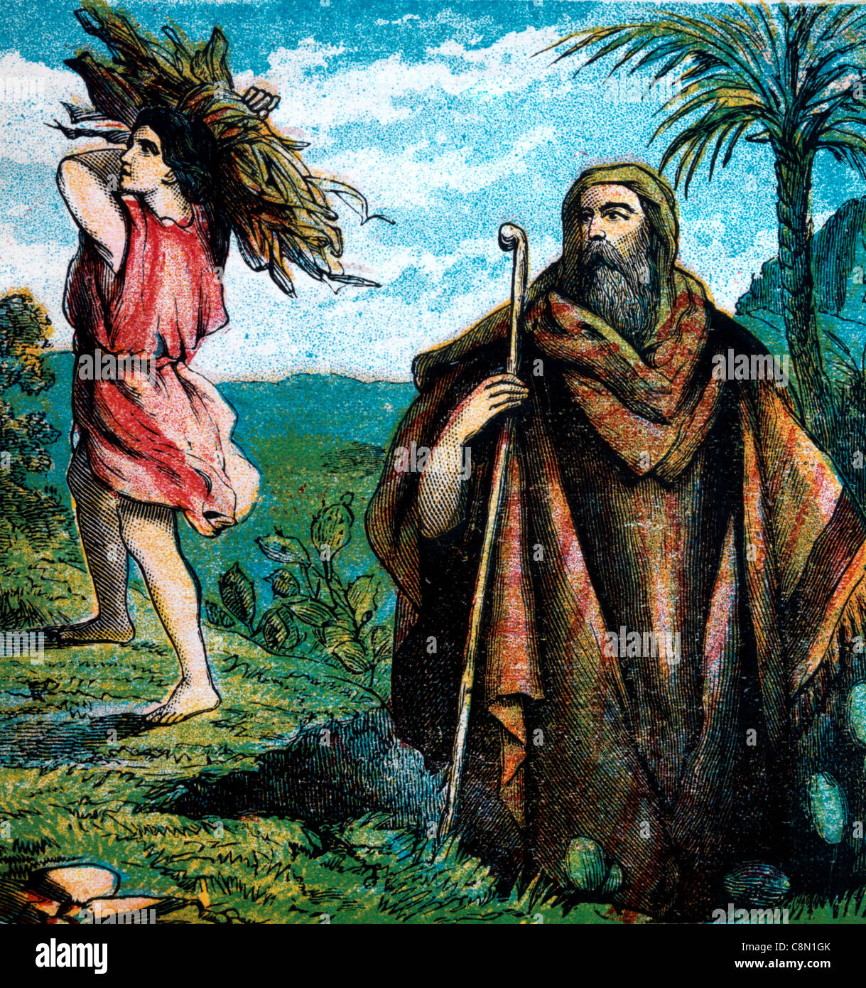 Geschichten aus der Bibel - Illustration von Isaac tragen die Holz Up The Mountain mit Abraham Genesis Xxii 1-19 Stockfoto