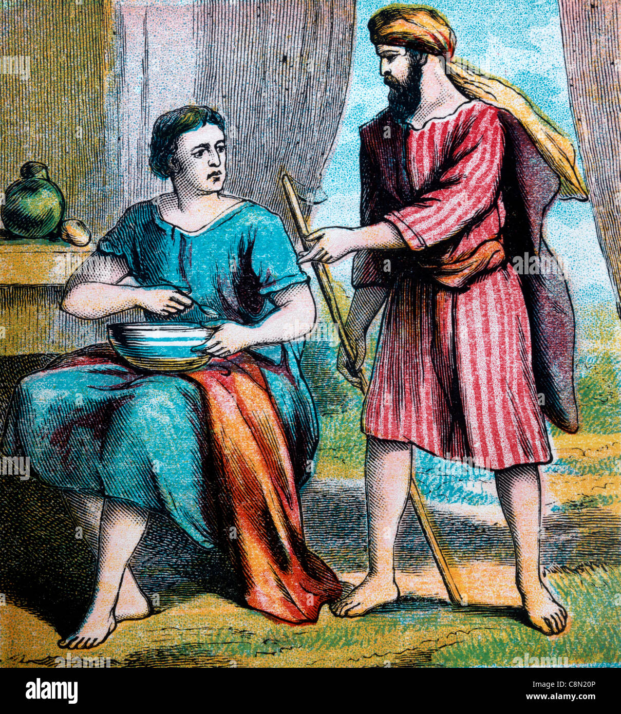 Bibel Geschichten-Illustration von Esau, die wieder von den Feldern hungrigen Stockfoto