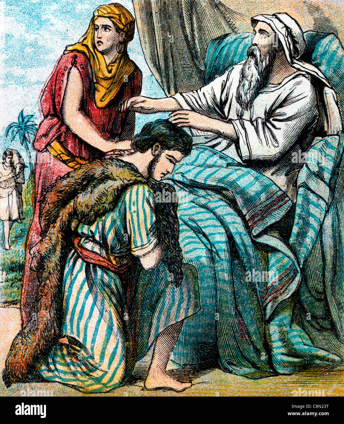 Bibel Geschichten-Illustration von Rebekka und Jakobs Täuschung von Isaac Stockfoto