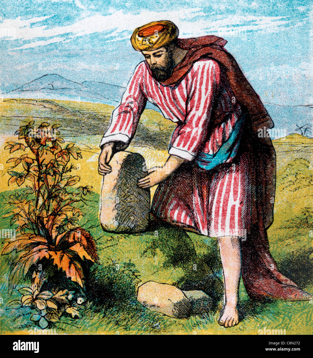 Bibel Geschichten-Illustration von Jacob unter einem Stein, die er unter seinen Kopf wie ein Kissen gelegt hatte Stockfoto