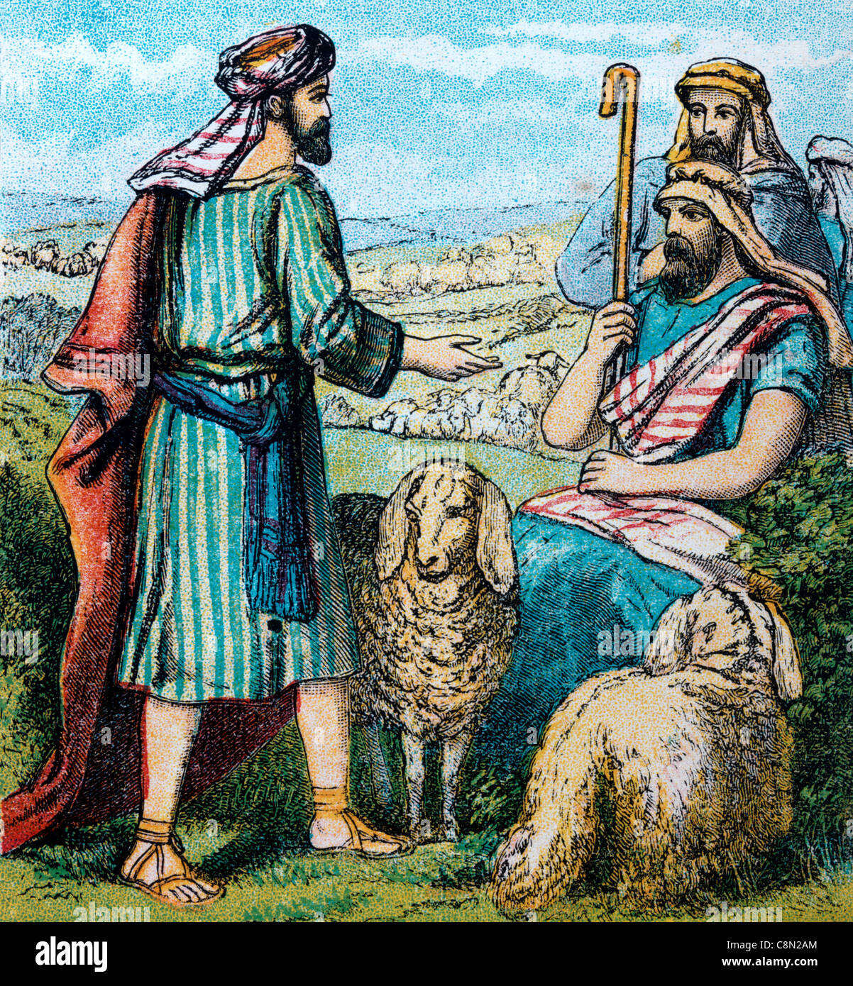 Bibel Geschichten-Illustration von Jacob weiter auf seiner Reise kam er in das Land der Menschen Stockfoto