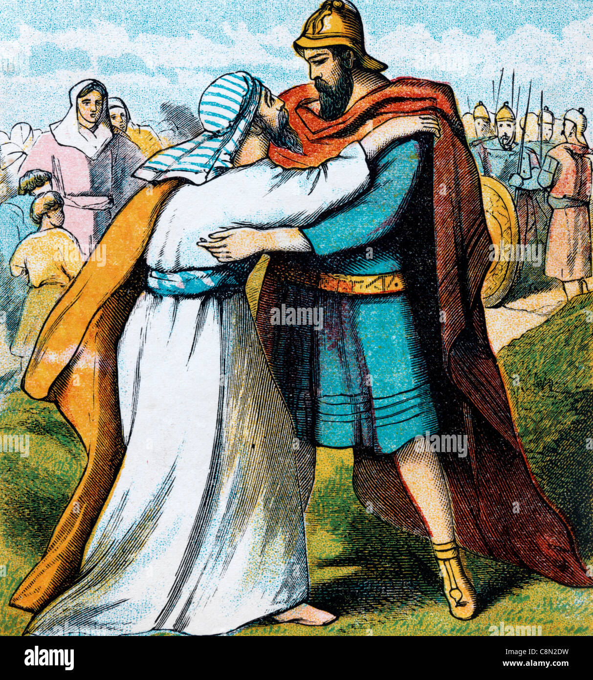Bibel Geschichten - Illustration von Jacob und Esau umarmen nach Jacob verneigte sich selbst, die Boden sieben Mal Genesis xxxiii Stockfoto