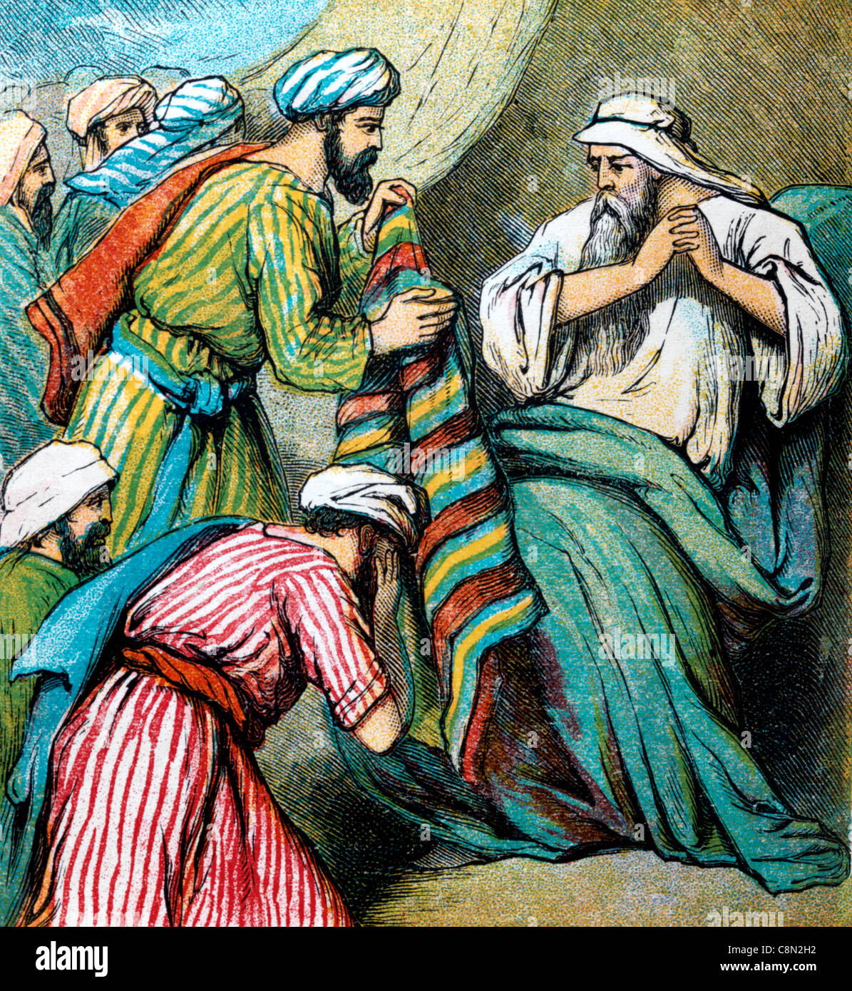 Bibelgeschichten - Illustration von Josephs Brüdern, die den blutigen bunten Mantel ihres Vaters Jacob Joseph zeigen Stockfoto