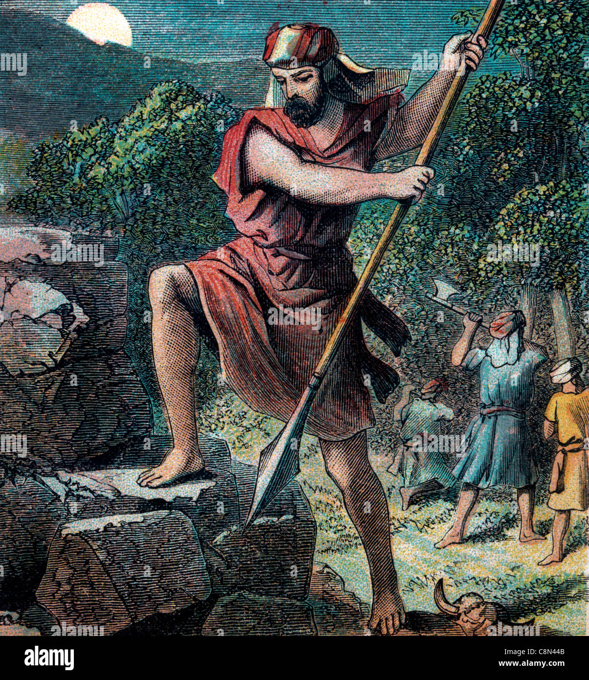 Bibelgeschichten - Illustration von Gideon, der den Altar des Baal aus dem Alten Testament und Nevi'im zerstörte Stockfoto