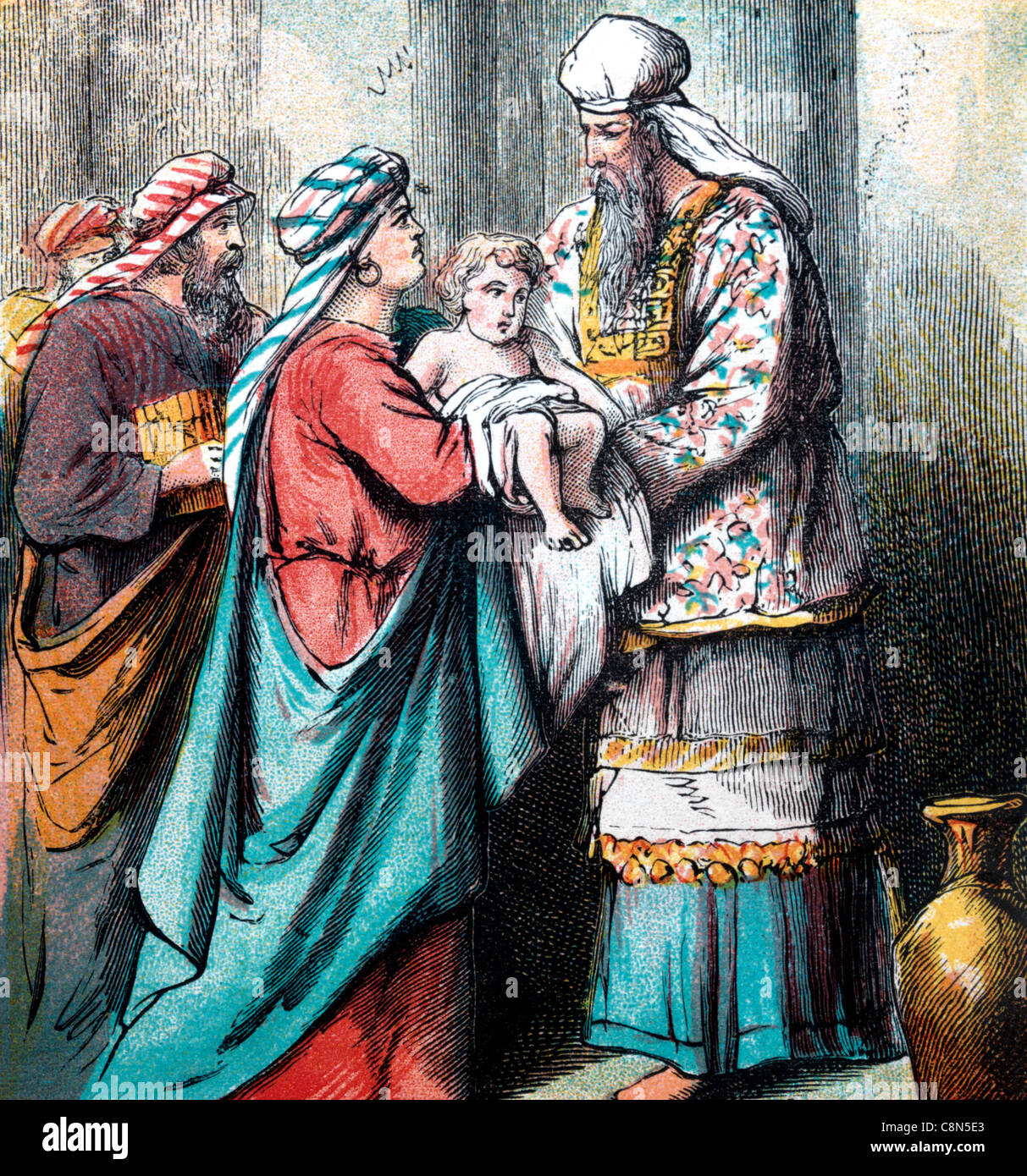 Bibelgeschichten - Illustration von Hannah, die ihren Sohn Samuel dem Priester Eli vorstellt 1 Samuel i. Altes Testament und Nevi'im Stockfoto