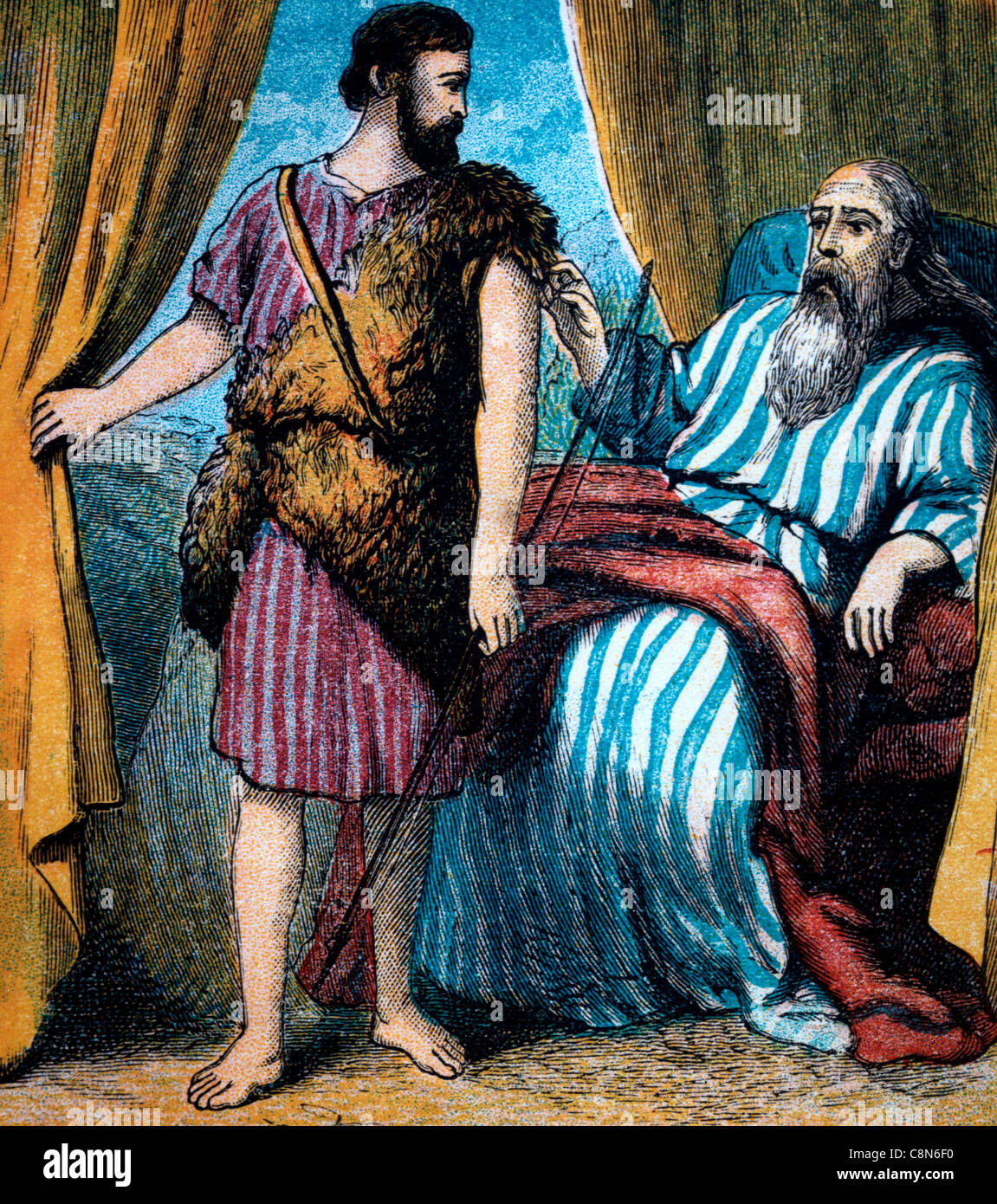 Bibel Geschichten - Illustration von Isaac wenn er war alt und Blind er genannt Esau, Jagd für einige Wild Stockfoto