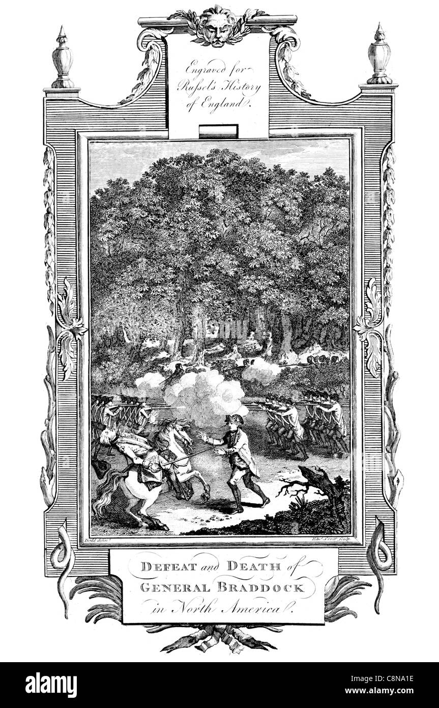Niederlage und Tod des General Braddock in Nordamerika britische Soldat Oberbefehlshaber Französisch Indianerkrieg Befehl Schlacht Stockfoto
