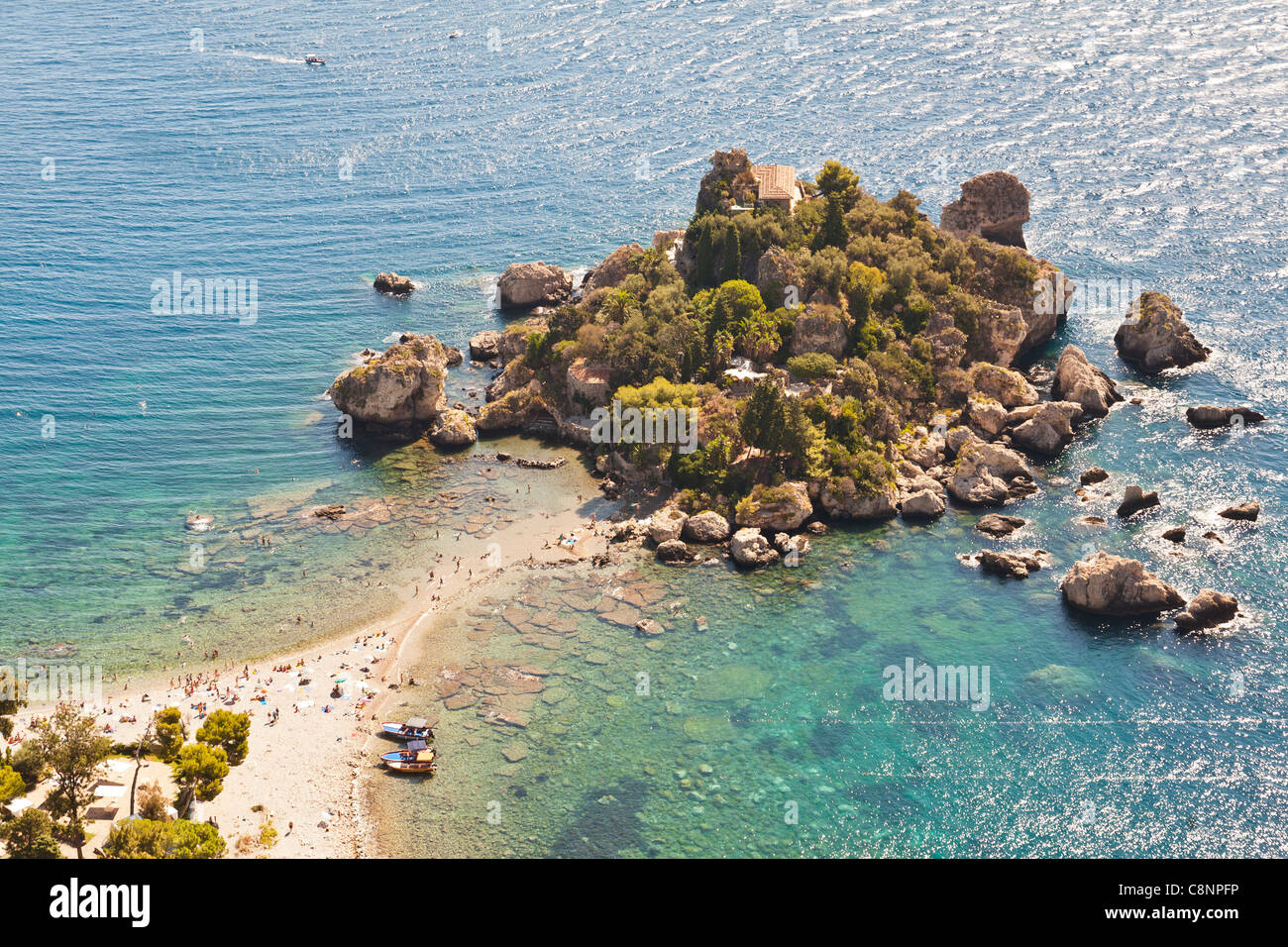 Blick auf die Insel Isola Bella, Baia Dell' Isola Bella Taormina, Sizilien, Italien Stockfoto