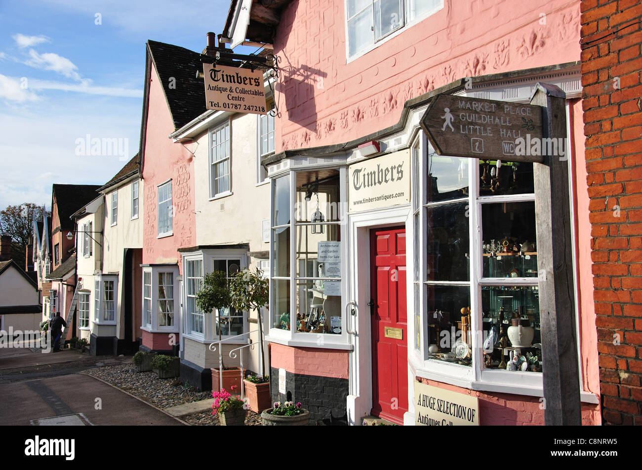 Mittelalterliche Häuser, High Street, Lavenham, Suffolk, England, Vereinigtes Königreich Stockfoto