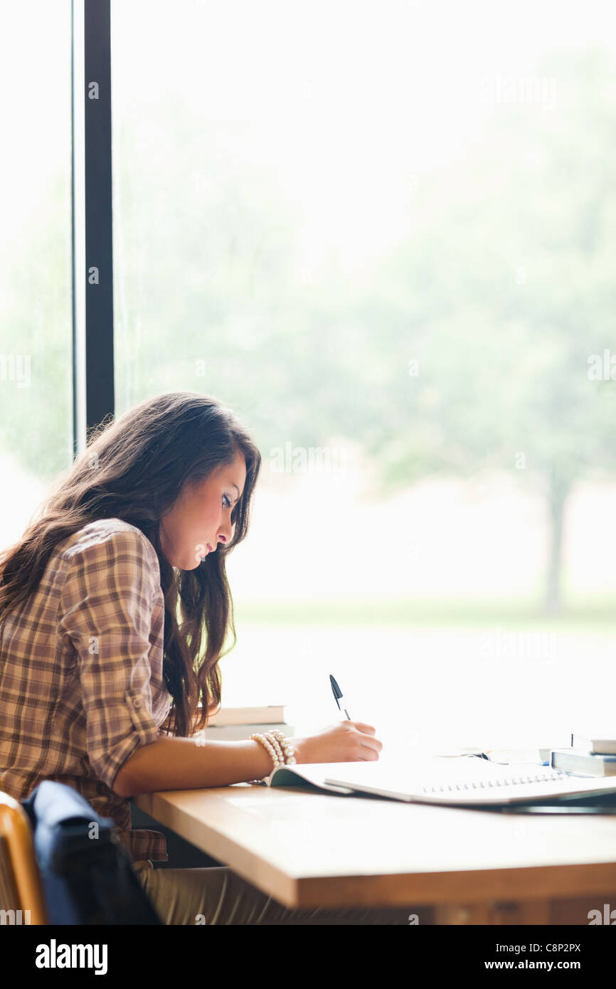 Porträt eines ernsten jungen Studenten einen Aufsatz Stockfoto