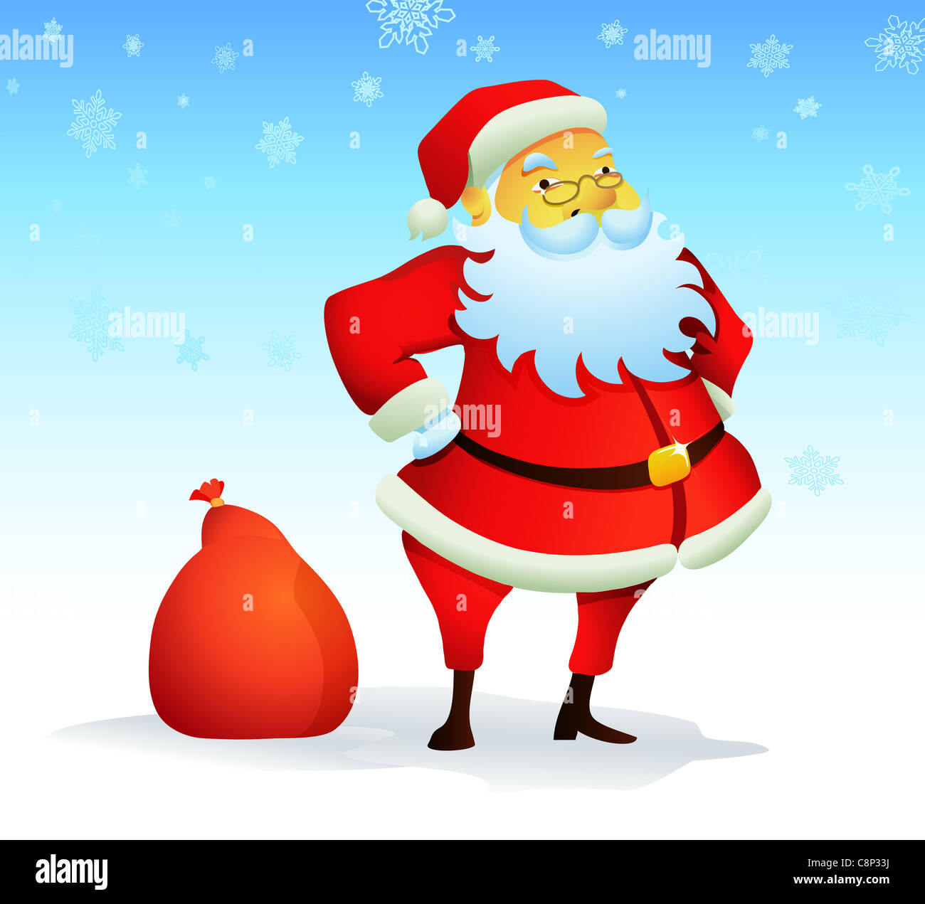 Illustration von Weihnachten Hintergrund mit Santa Claus und rote Geschenktüte Stockfoto