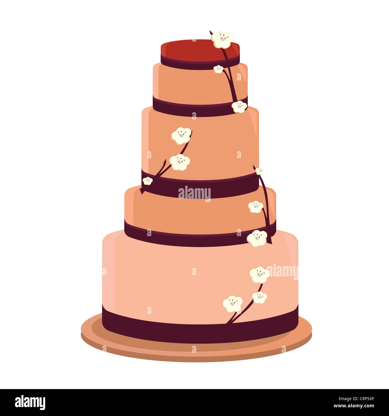 Pfirsich farbigen hohen Kuchen mit braunen Band und Blumen auf Zweigen als Dekoration Stockfoto