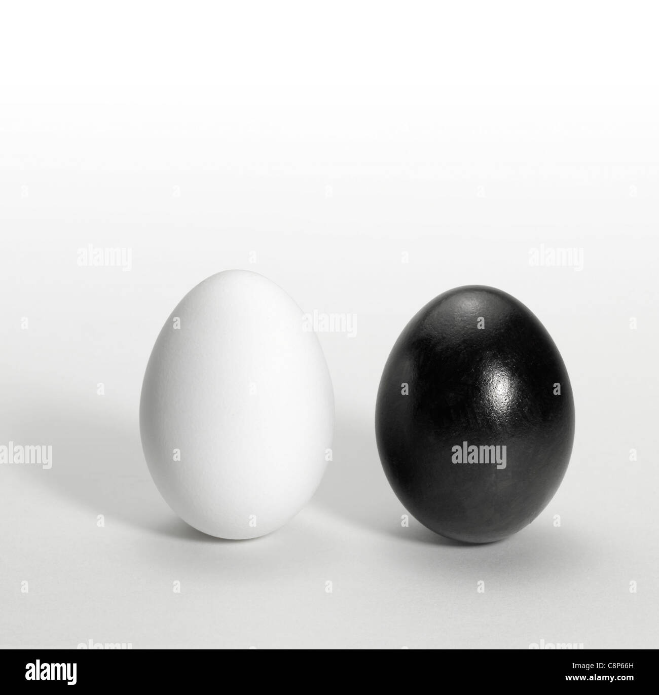 symbolische Thema zeigt ein schwarzes und ein weißes Ei aufrecht nebeneinander in Licht zurück Stockfoto