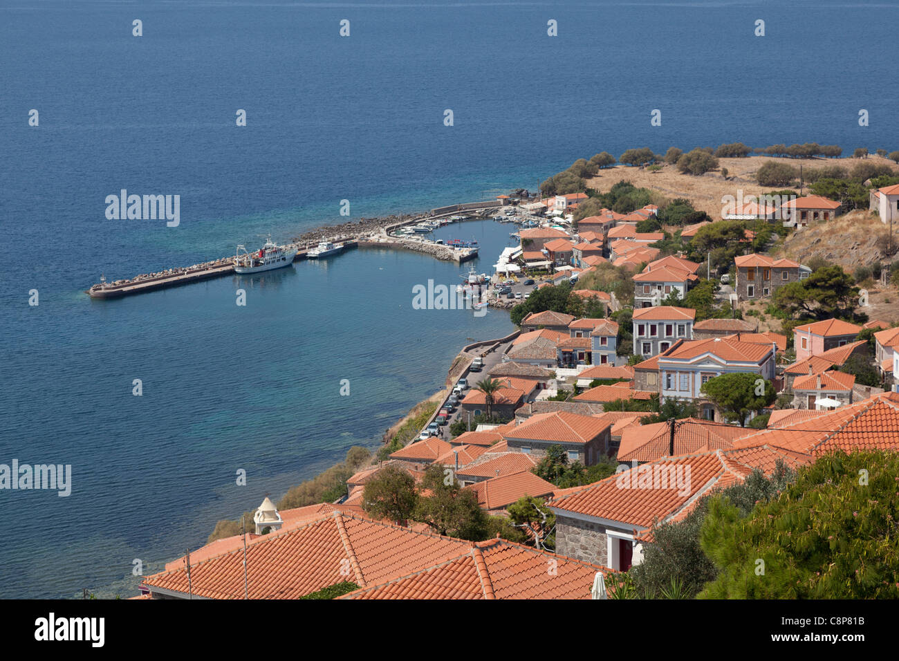 Stadt und Hafen von Mithymna, Lesbos, Griechenland Stockfoto